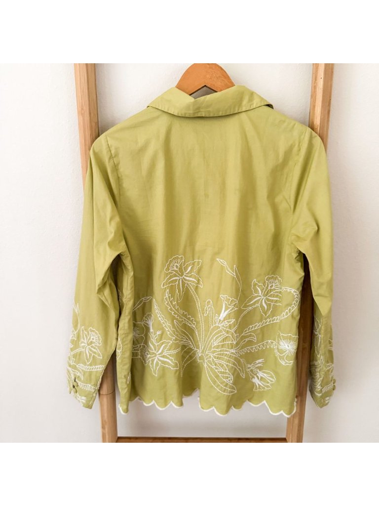 Nwot Rue Stiic S Embroidered Cotton Button Front Blouse Olive Green Scalloped — image 6 of 8